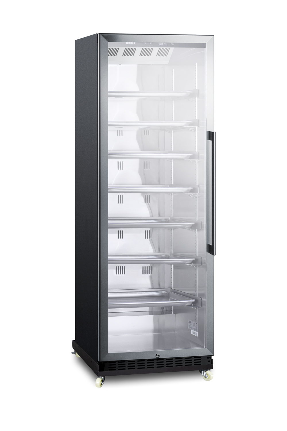 Full-size commercial beverage merchandiser designed for the display and refrigeration of beverages and sealed food, with stainless steel interior, self-closing glass door with a left hand swing, sheet pans and adjustable tray supports, chrome shelves, black cabinet, and removable dolly.